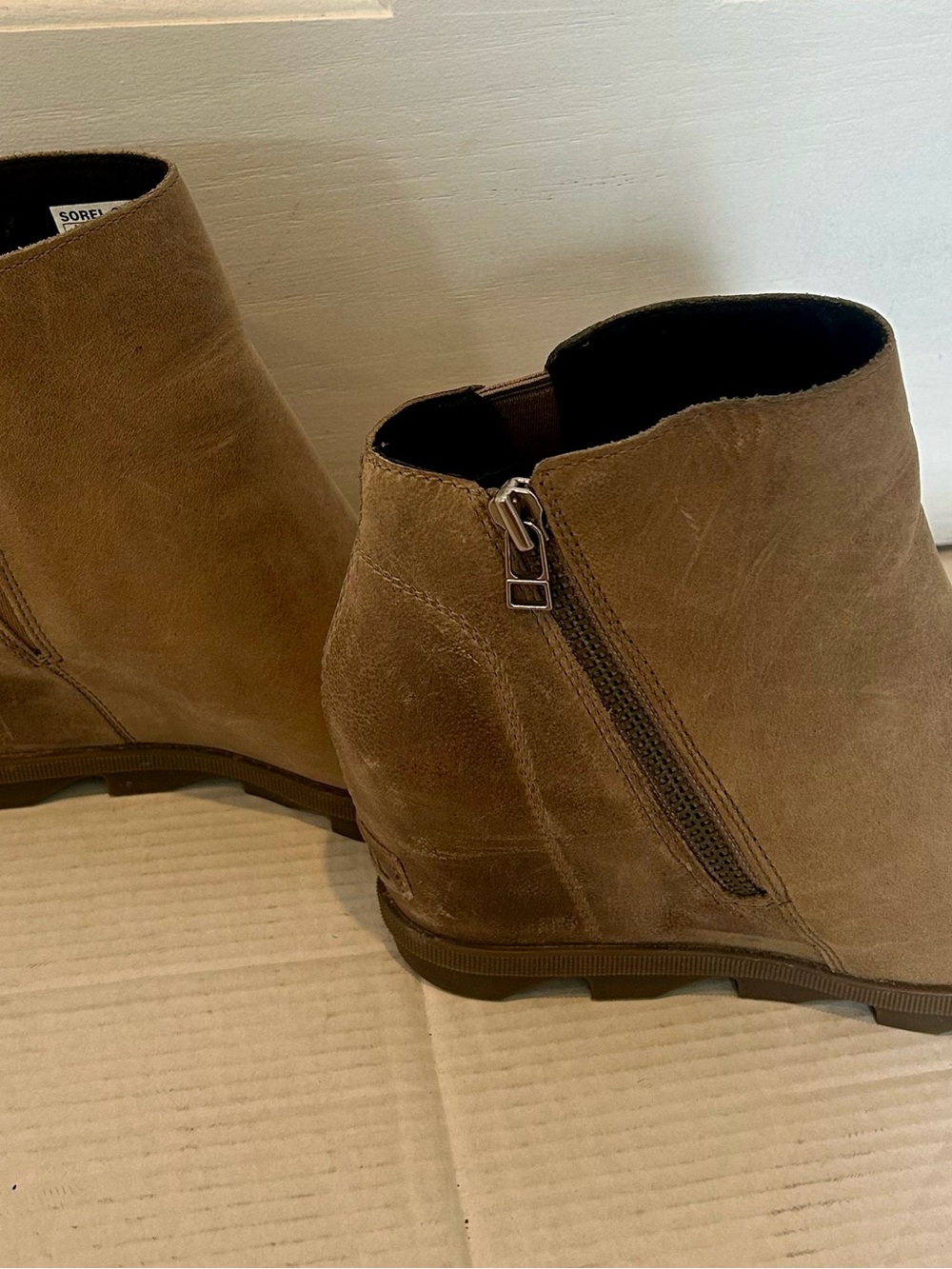Sorel Tan Suede Wedge Ankle Booties with Side Zipper